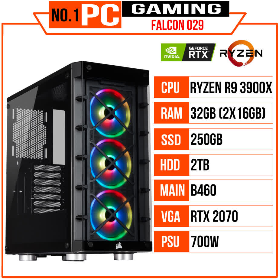 PC GAMING FALCON 029 (R9 3900X/X570/32GB RAM/250GB SSD/RTX 2070 Super/750W/Tản AIO EK/RGB)
