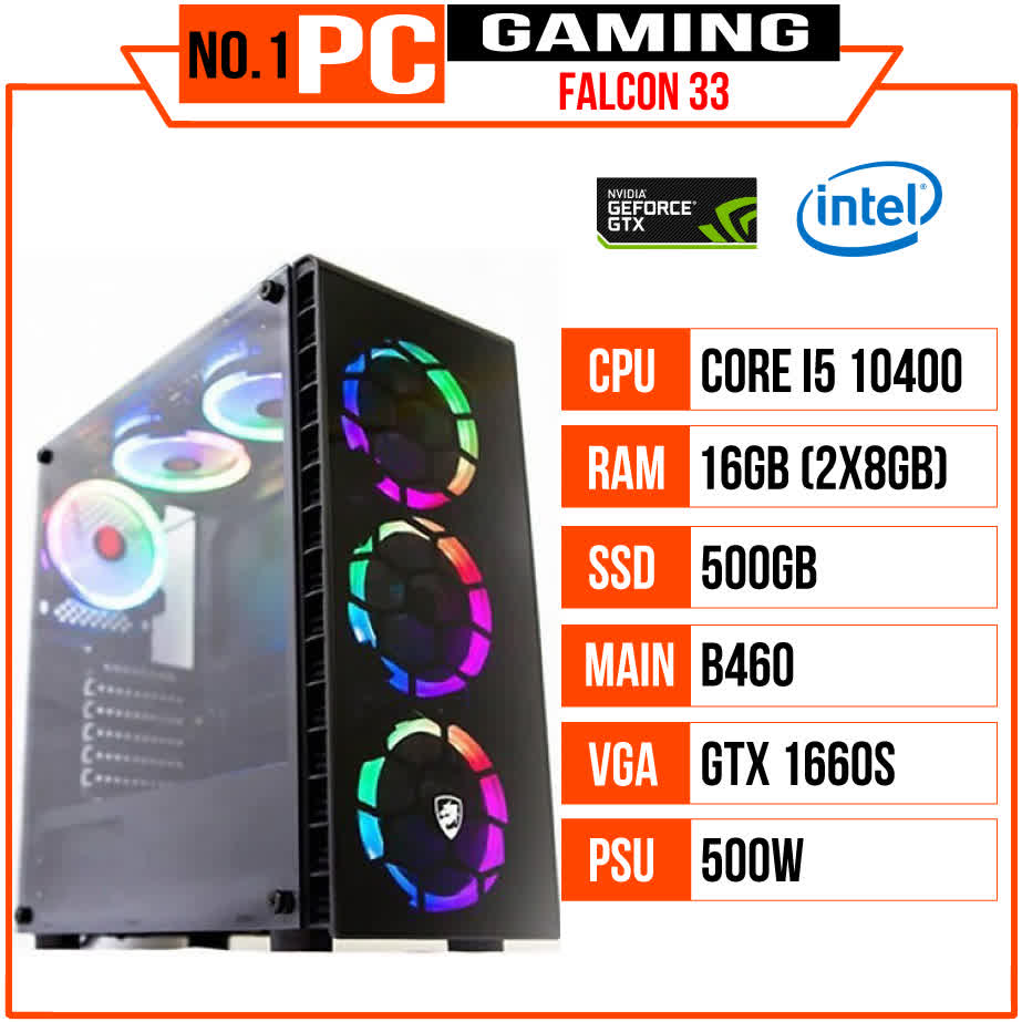 PC GAMING FALCON 033 (I5 10400/B460M/16GB RAM/500GB SSD/GTX 1660 Supper/500W/Tản CR1000GT/RGB)