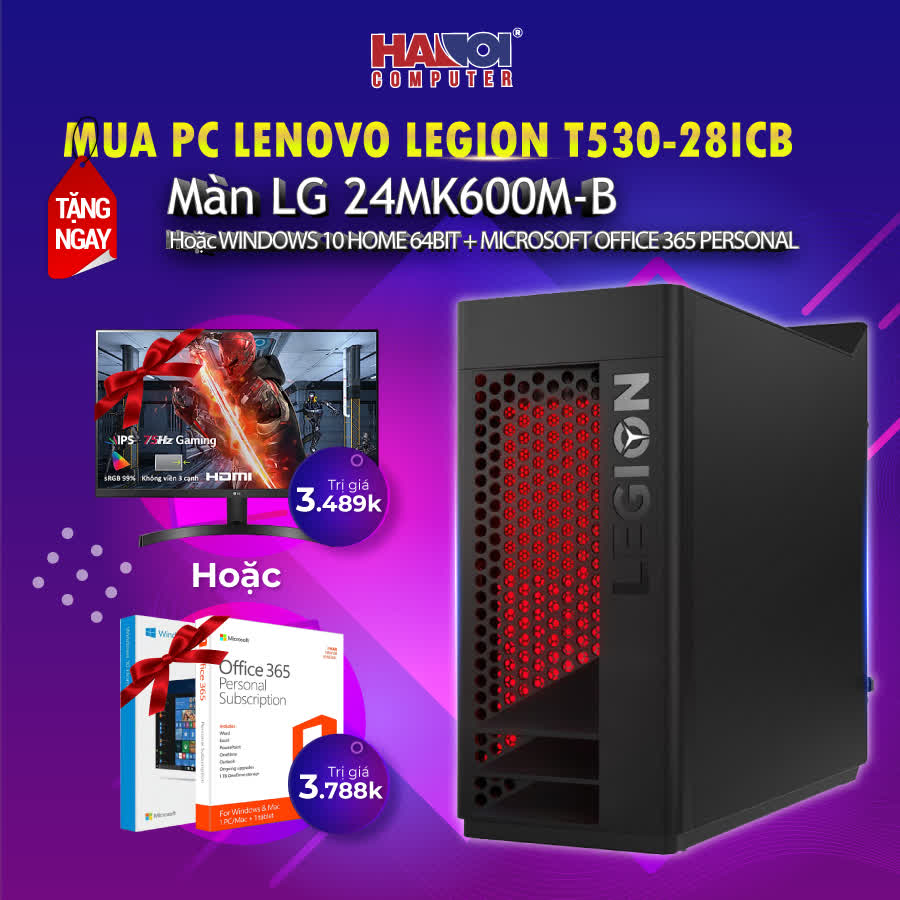 PC Lenovo Legion T530-28ICB (i7-9700/16GB RAM/256GB SSD + 1TB HDD/RTX2060S 8GB/WL+BT/K+M/No OS) (90L300JTVN)