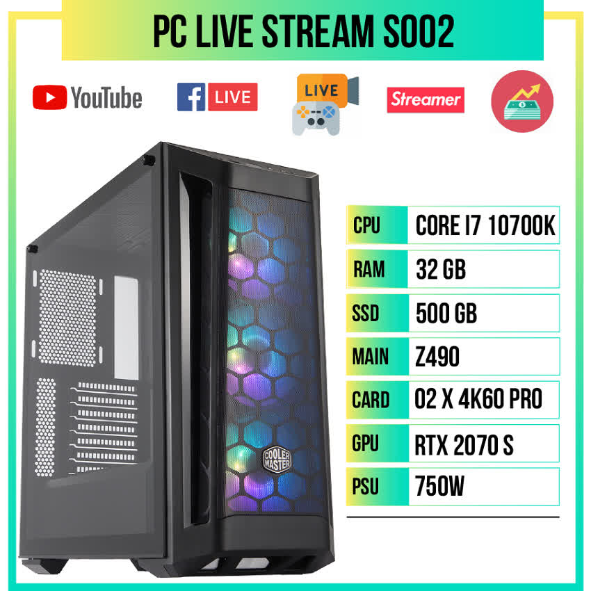 PC Live Stream S002 (i7-10700K/Z490/32GB RAM/RTX 2070 Super/02x4K Capture Card/500GB SSD/750w)