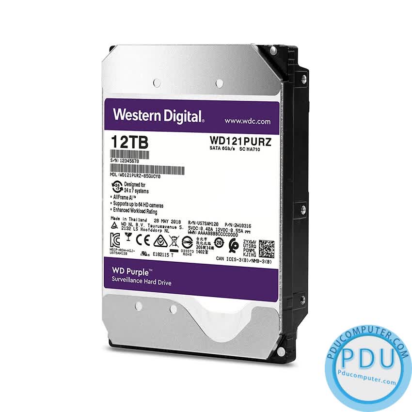 Ổ cứng HDD Western Purple 12TB 3.5 inch 7200RPM, SATA3 6Gb/s, 256MB Cache (WD121PURZ)