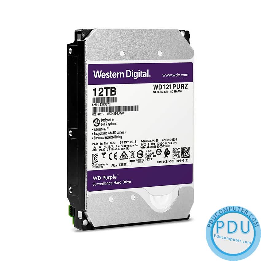 Ổ cứng HDD Western Purple 12TB 3.5 inch 7200RPM, SATA3 6Gb/s, 256MB Cache (WD121PURZ)