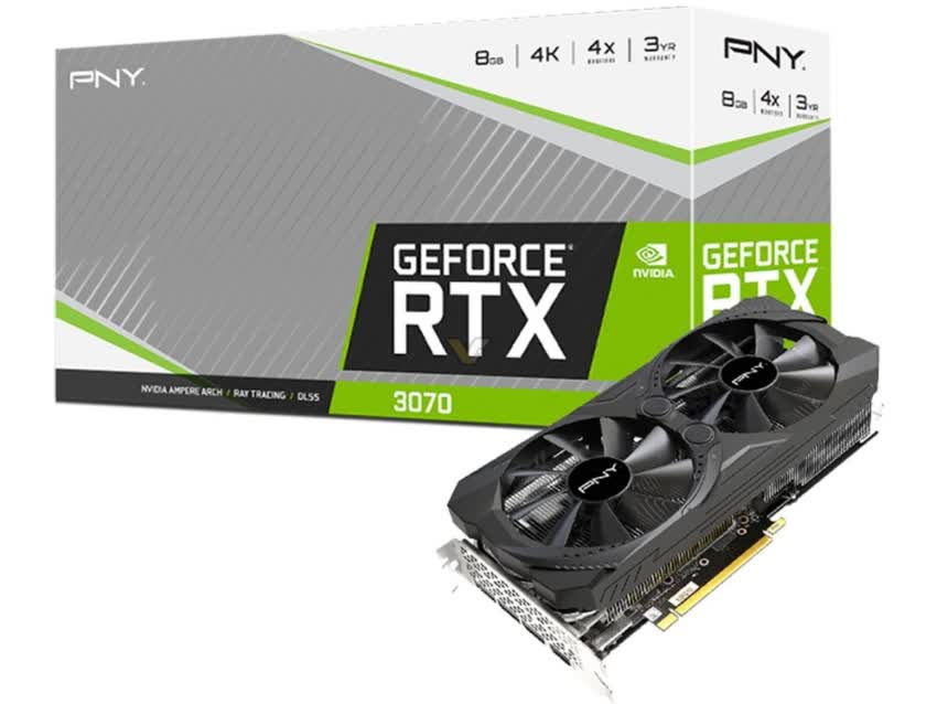 Card màn hình PNY RTX 3070 8GB REVEL 8GB UPRISING Dual Fan (8GB GDDR6, 256-bit, HDMI+DP, 1x8-pin)