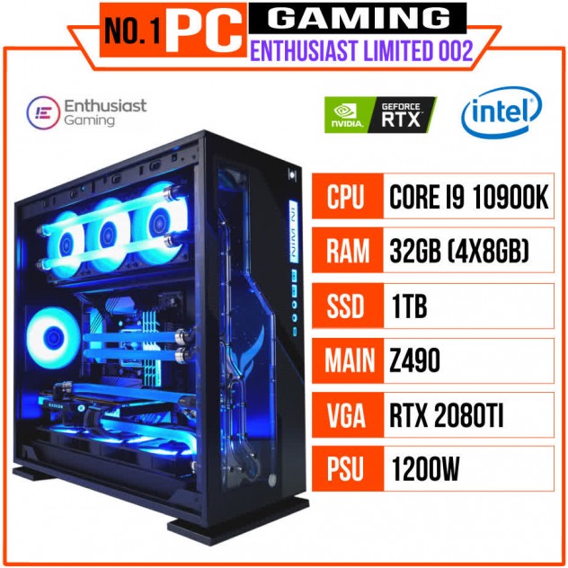 PC ENTHUSIAST GAMING LIMITED 002 (I9 10900K/Z490/RAM 32GB/1TB SSD/RTX 2080Ti/ 1200W/WaterCooling EK/RGB)