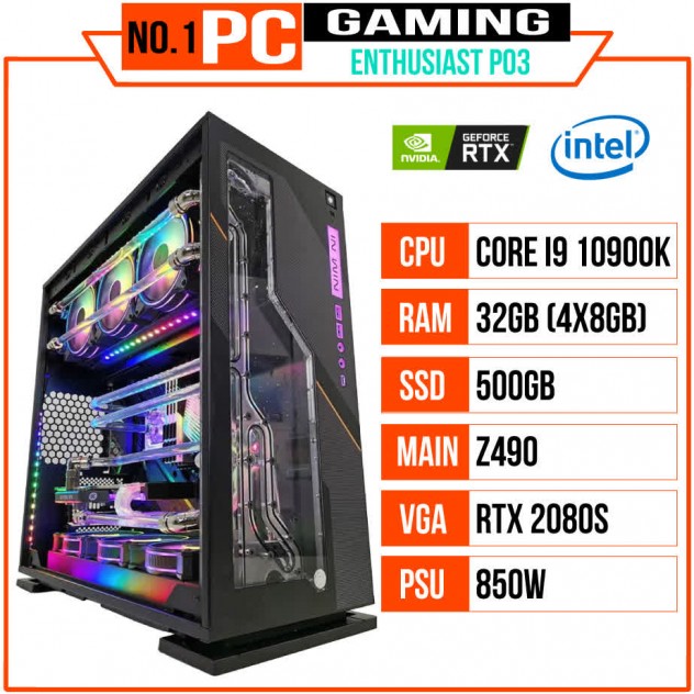PC ENTHUSIAST GAMING PLATINUM 03 (i9 10900K/Z490/32GB RAM/500GB SSD/RTX 2080 SUPER/850W/WATERCOOLING EK/RGB)