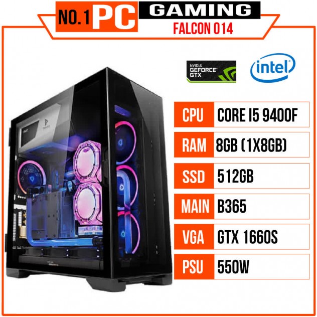 PC GAMING FALCON 014 (I5 9400F/B365/8GB RAM/SSD 512GB/GTX 1660 Super/550W/Water Cooling Freezemod/RGB)