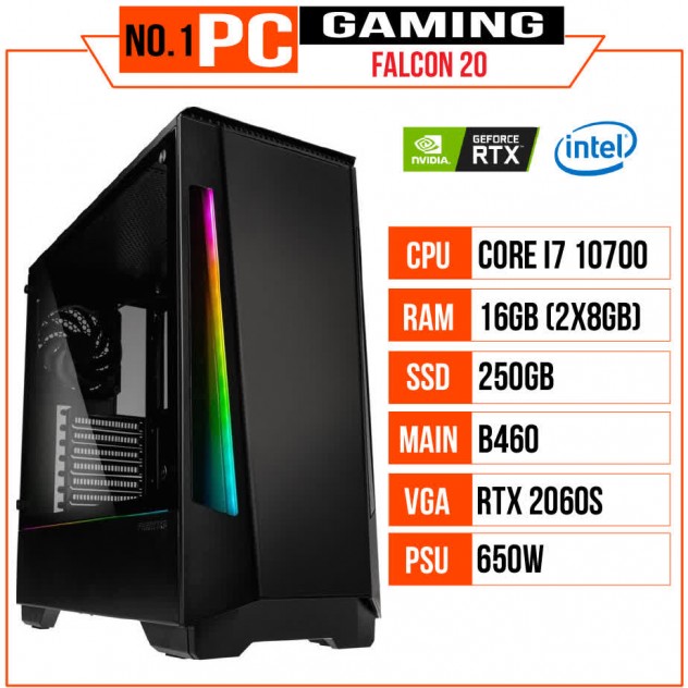 PC GAMING FALCON 020 (I7 10700/B460/16GB RAM/250GB SSD/RTX 2060 SUPER/650W/Tản EK-AIO 240/RGB)