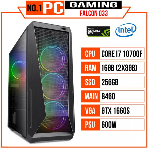 giới thiệu tổng quan PC GAMING FALCON 033 (I7 10700F/B460/16GB RAM/256 SSD/GTX 1660 Super/600W/TẢN XM WPRO/RGB)