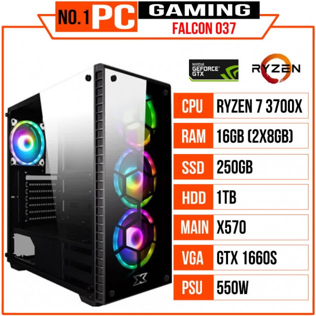 PC GAMING FALCON 037 (R7 3700X/X570/16GB RAM/250GB SSD/1TB HDD/GTX 1660 Super/550W/Tản CR-1000GT/RGB