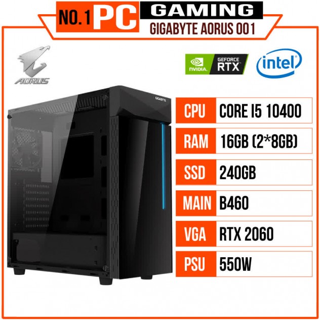 Nội quan PC GAMING GIGABYTE AORUS 001 (I5 10400/B460/16GB RAM/240GB SSD/RTX 2060/550W/RGB)