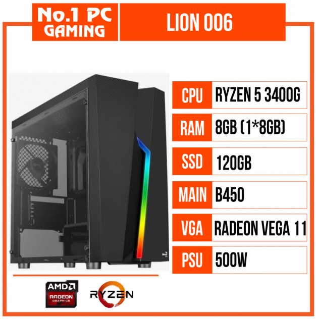 giới thiệu tổng quan PC GAMING LION 006 (R5 3400G/B450/8GB RAM/120GB SSD/500W)