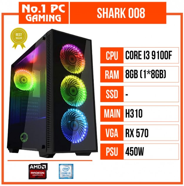 giới thiệu tổng quan PC GAMING SHARK 008 (I3 9100F/H310/8GB RAM/RX 570/450W/Tản T400i/RGB)