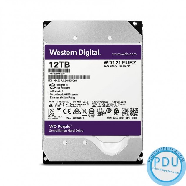 Ổ cứng HDD Western Purple 12TB 3.5 inch 7200RPM, SATA3 6Gb/s, 256MB Cache (WD121PURZ)