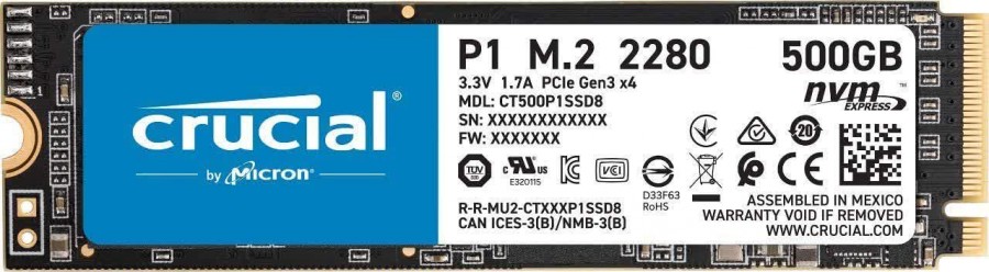 Ổ cứng SSD Crucial P1 500GB NVMe M.2 2280 PCIe Gen 3x4 (Đọc 1900MB/s - Ghi 950MB/s) - (CT500P1SSD8)